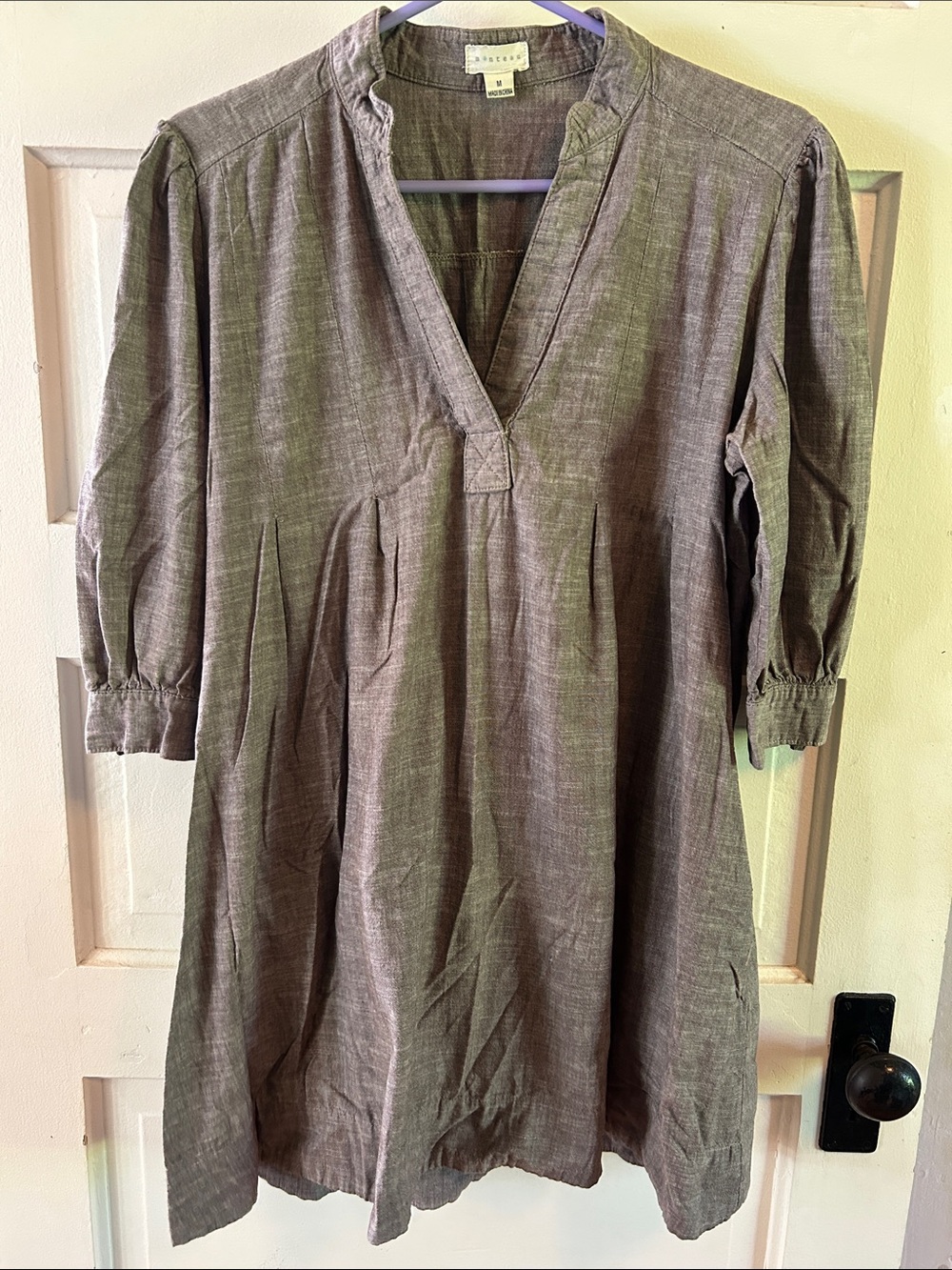 Monteau Charcoal Gray V-Neck Cotton Tunic Dress with Pleats Sz M
